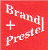 A red sign that says brand + prestel on it