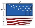 Blue-and-white American flag with stars and stripes, shown with dimensions marked.