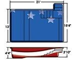Blue and red technical diagram with measurements and star markers, showing a rectangular shape and side view.
