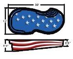American flag-themed sleeping mask with stars, stripes, and dimensions marked 30
