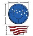 Blue circular emblem with stars above a waving red-and-white striped banner