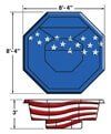 Blue octagonal shield with white stars above red-and-white stripes