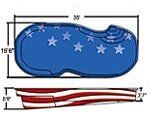 Blue inflatable kayak with white stars and red-white striped bottom, shown in side view with dimensions marked.