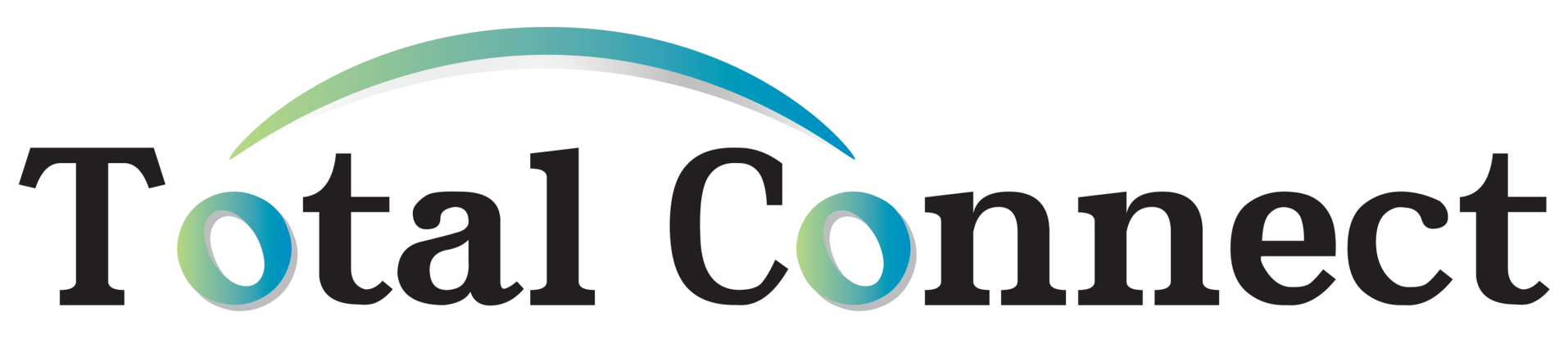 Total Connect logo, black text with teal 'o's and a teal/green arch above.