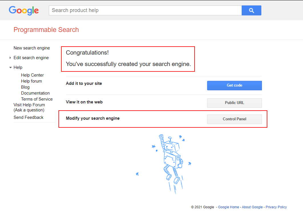This image show's Google's Programmable Search page and shows an acknowledgement message after you have entered and submitted your website url. The message reads