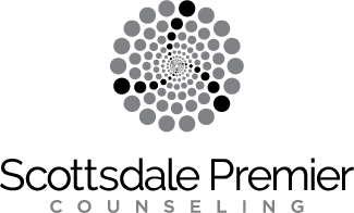 Logo for Scottsdale Premier Counseling, featuring a spiral of gray and black circles.