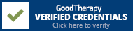 GoodTherapy verified credentials badge with green checkmark. 