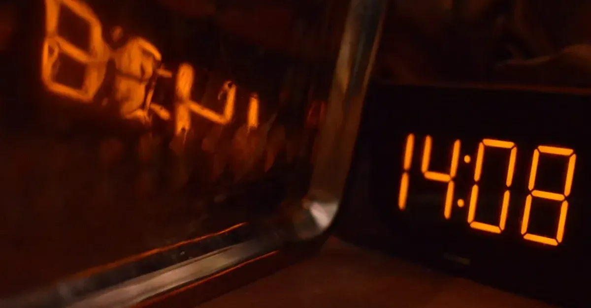 14:08 clock in 1408 room mirrored something on metallic wall