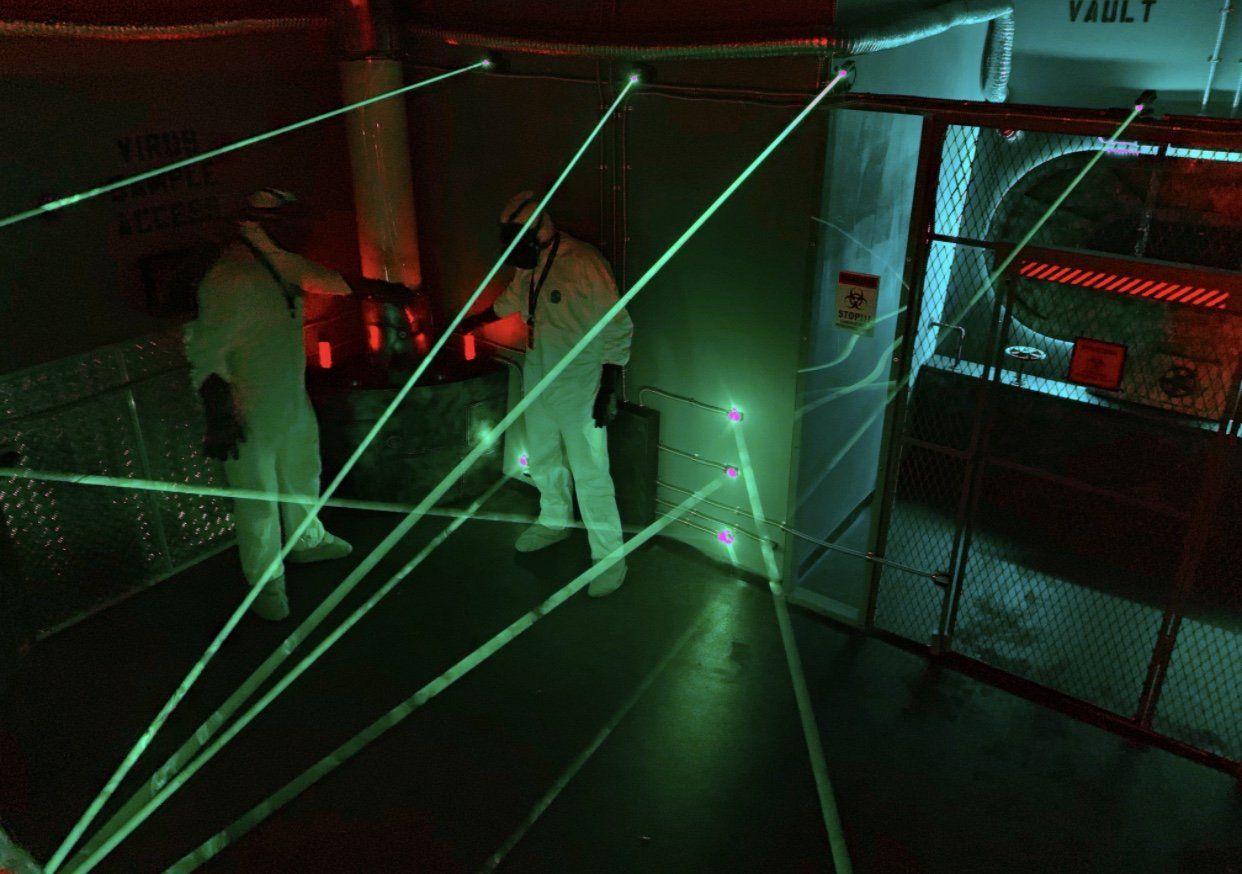 Get vaccine - escape the zombie room! Avoid hitting your laser tag with the lasers of the defense system