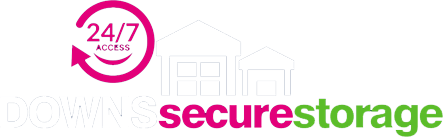SecureStorage logo in pink and green with 24/7 access icon and faint building outline