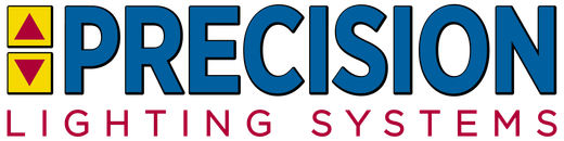A blue and yellow logo for precision lighting systems