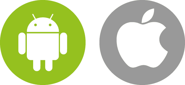 Android logo in a green circle next to an Apple logo in a gray circle.