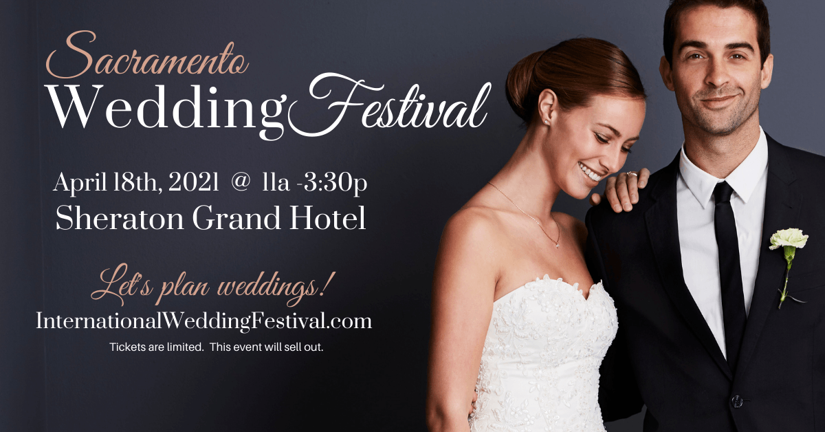 A bride and groom are standing next to each other at the sacramento wedding festival