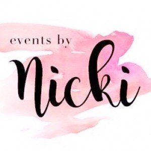 A logo for events by nicki with a pink background