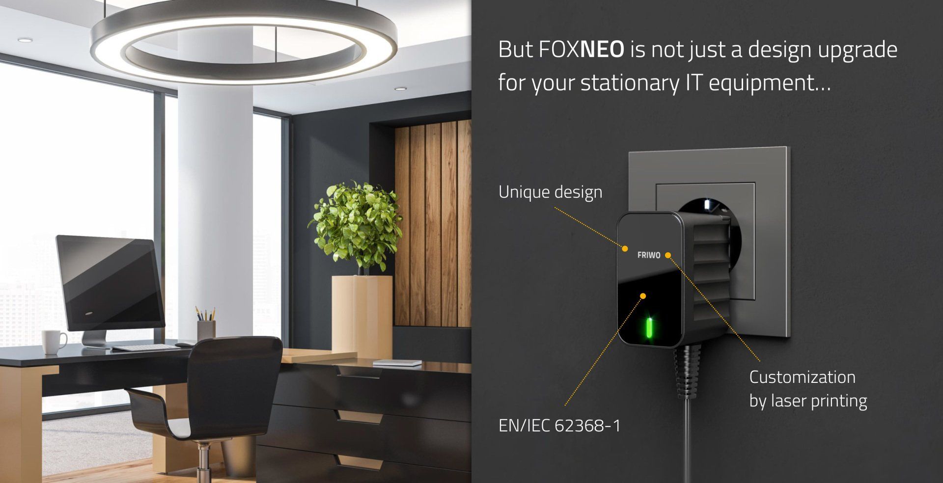 A power supply is plugged into a wall outlet in an office.