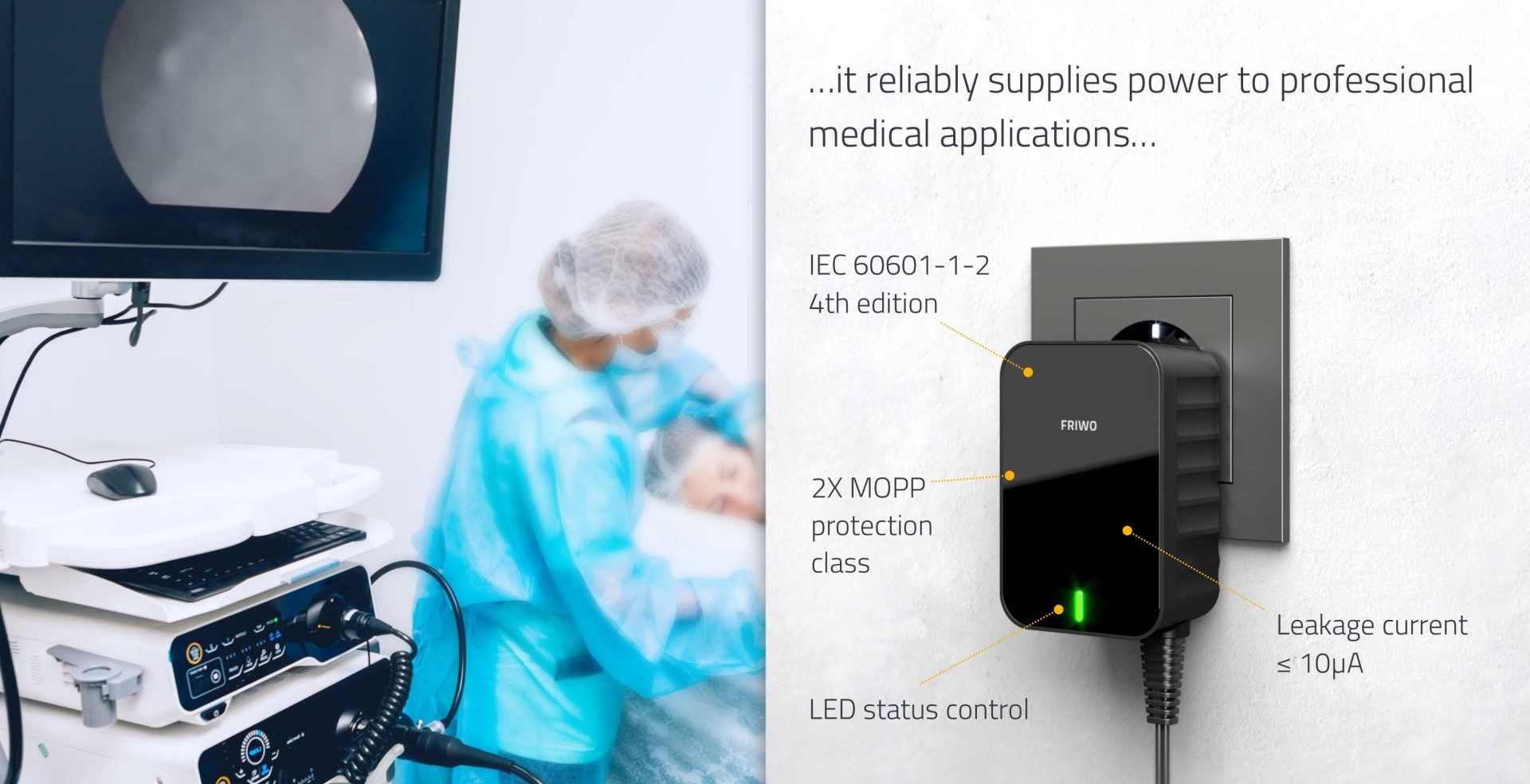A power supply is plugged into a wall outlet in an operating room