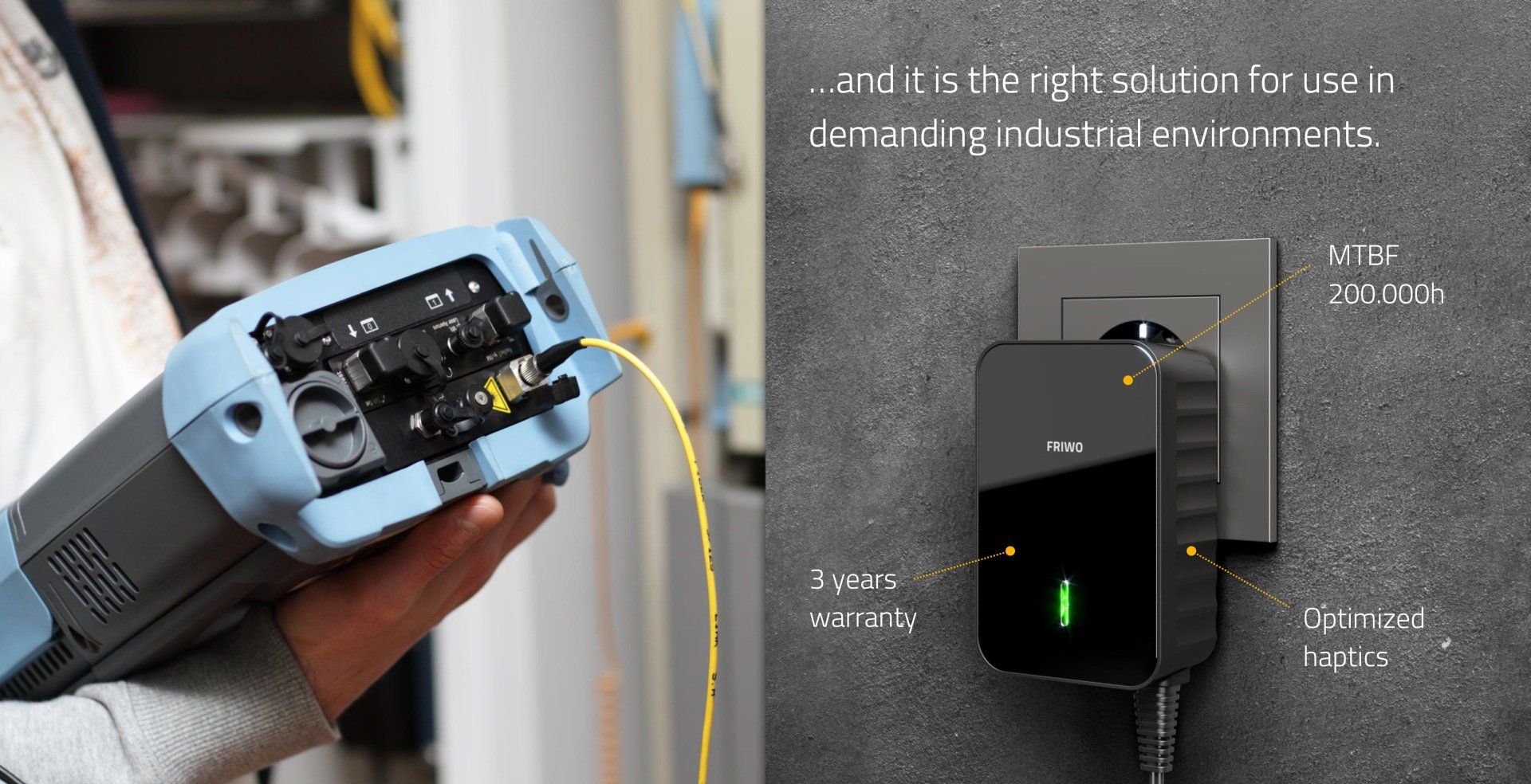 A power supply is plugged into a wall outlet in a workshop