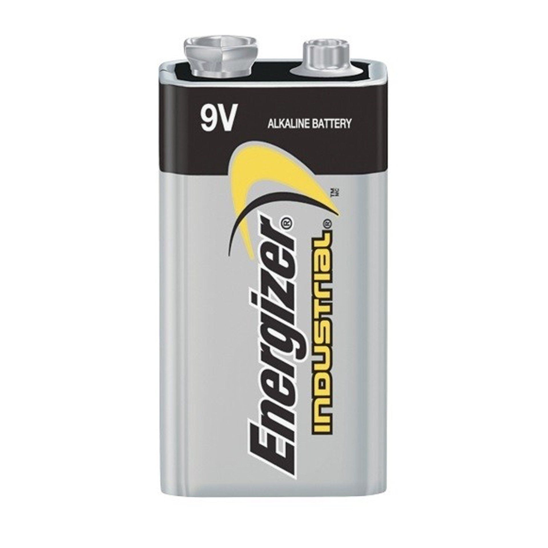 An industrial 9v alkaline battery is shown on a white background.