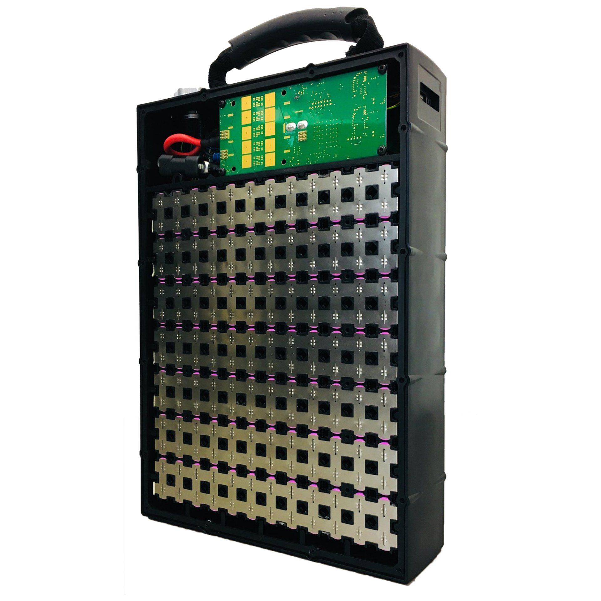 Interior of a powertrain 14s12p battery pack