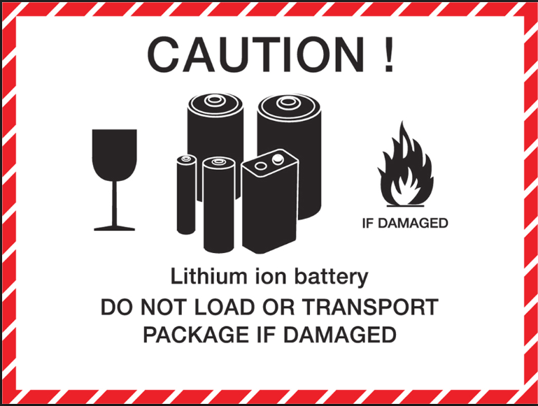 A sign that says caution lithium ion battery do not load or transport package if damaged