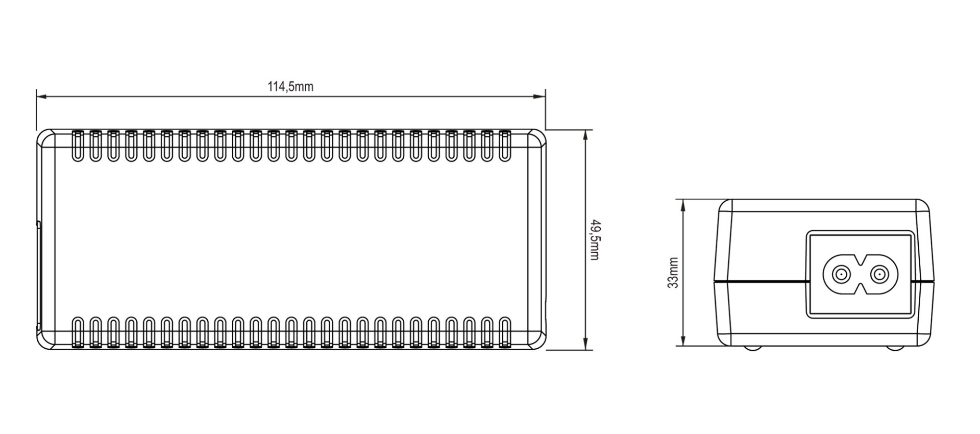 A black and white drawing of a clothes rack with measurements on a white background.