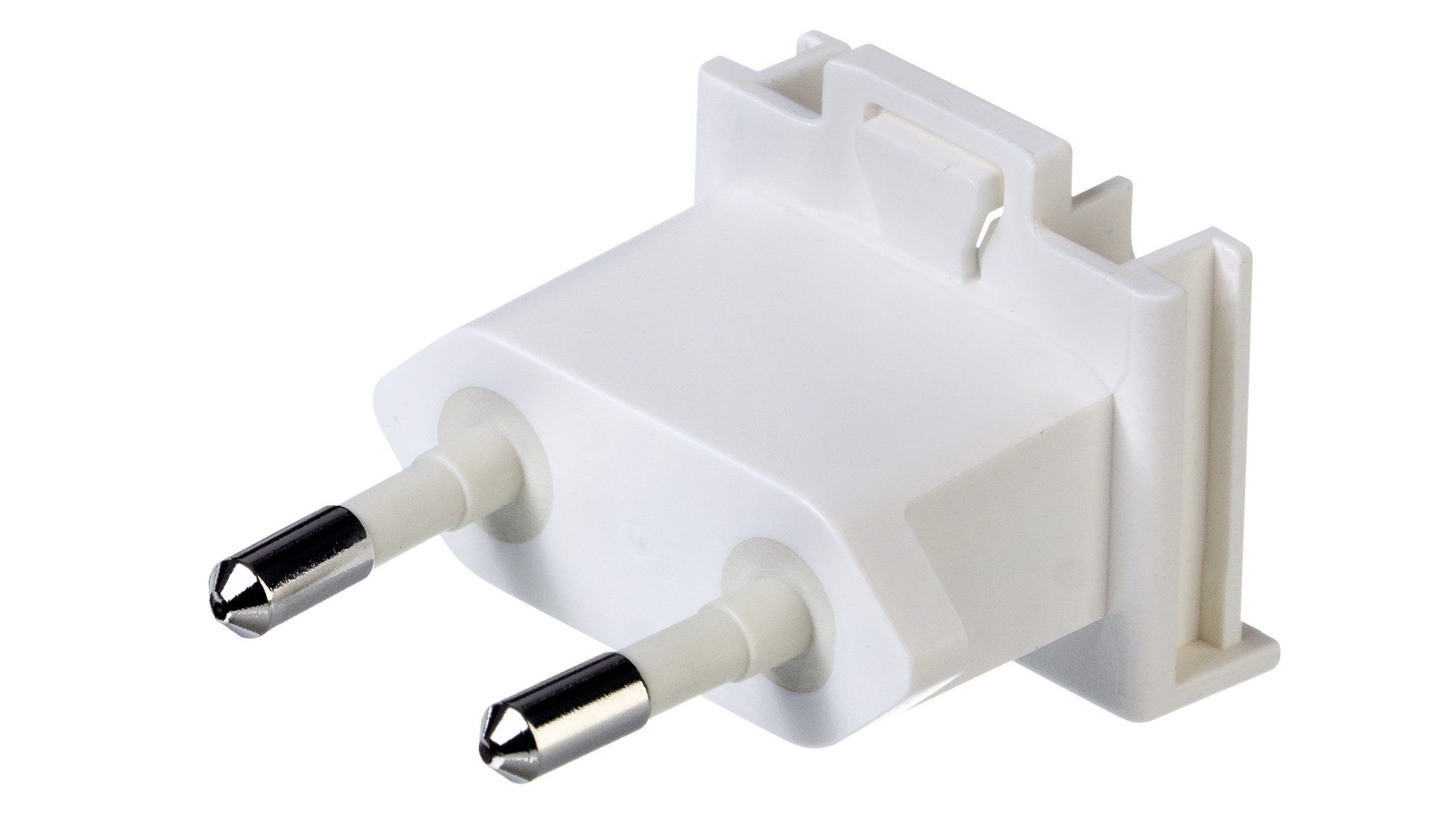 A white plug with two silver pins on a white background