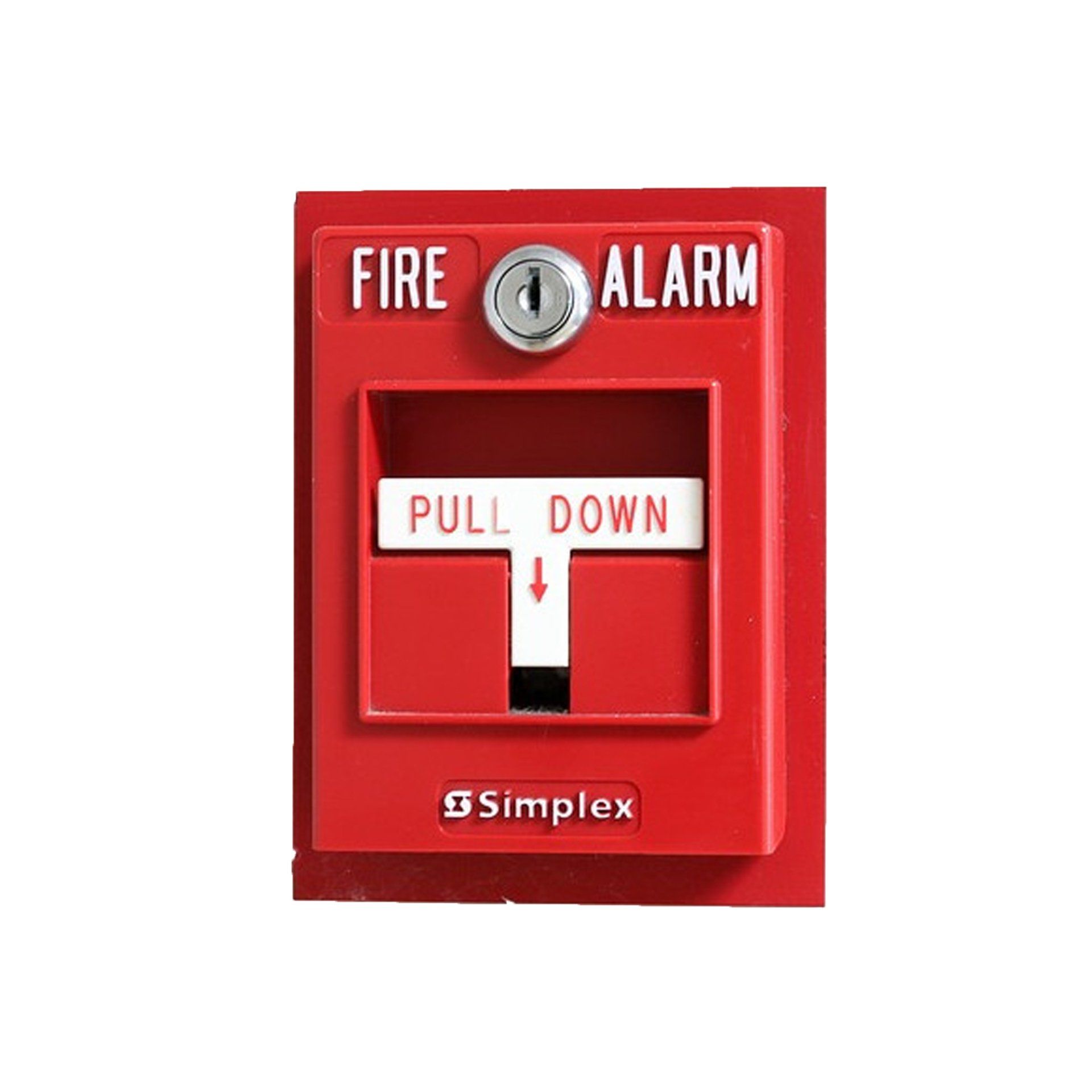 A red fire alarm with a pull down button on it.