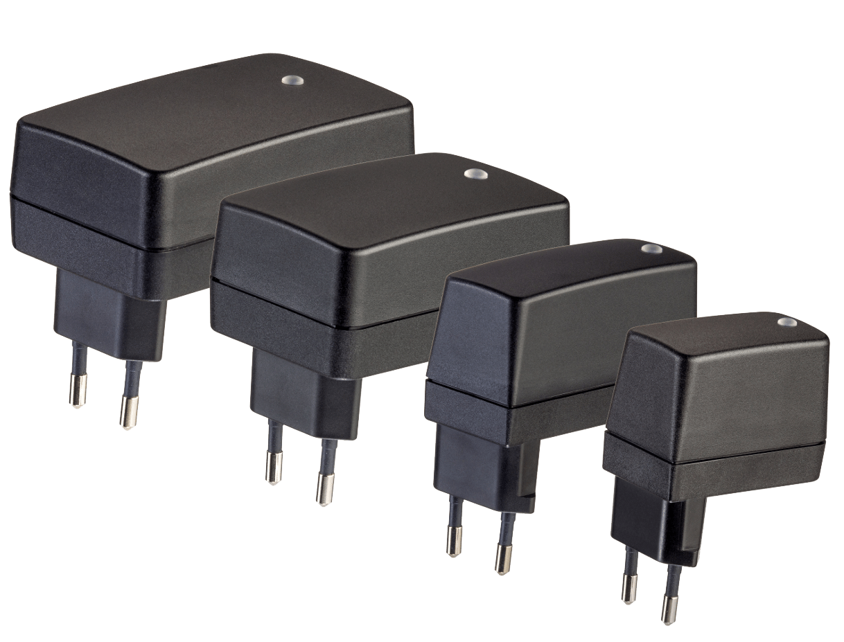 A row of black chargers are lined up in a row on a white background