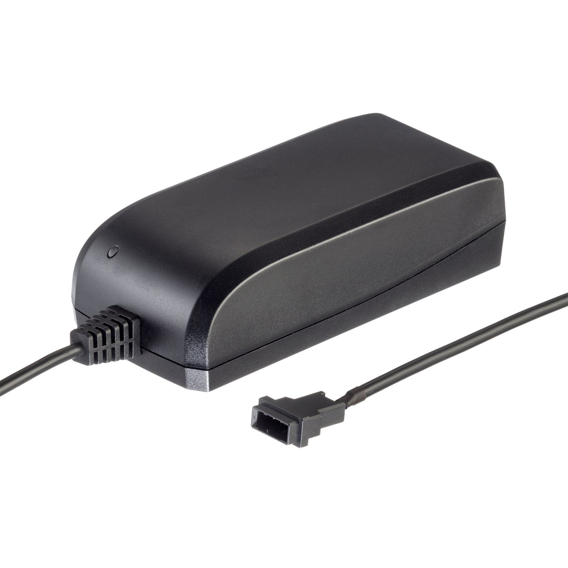 A black charger with a cord attached to it