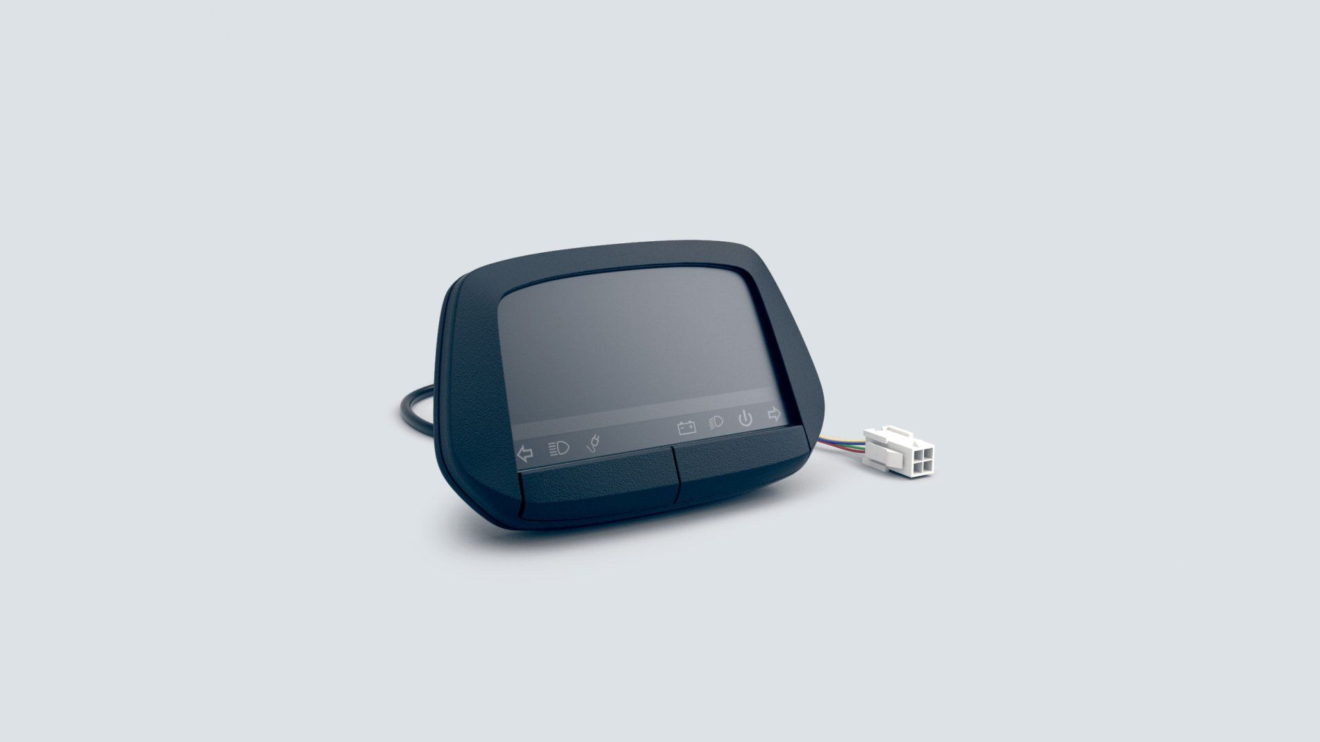 A black ev screen with a cord attached to it is sitting on a white surface.