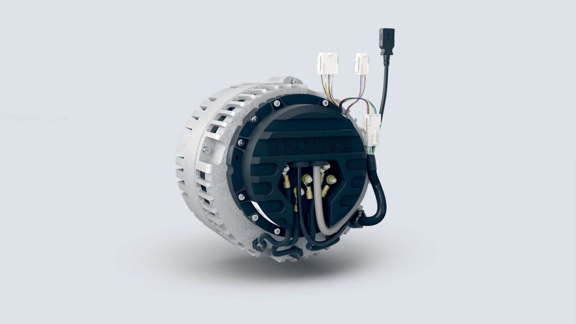 A close up of a motor on a white surface.