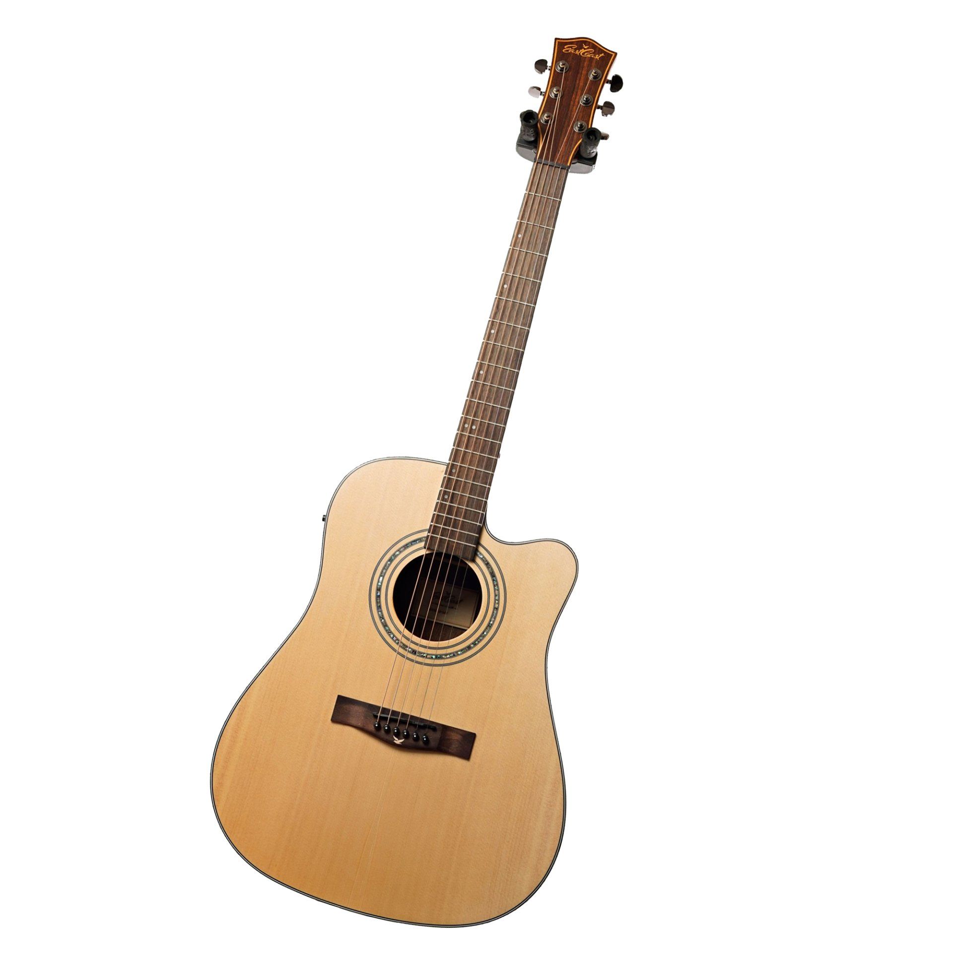 An acoustic guitar is shown on a white background