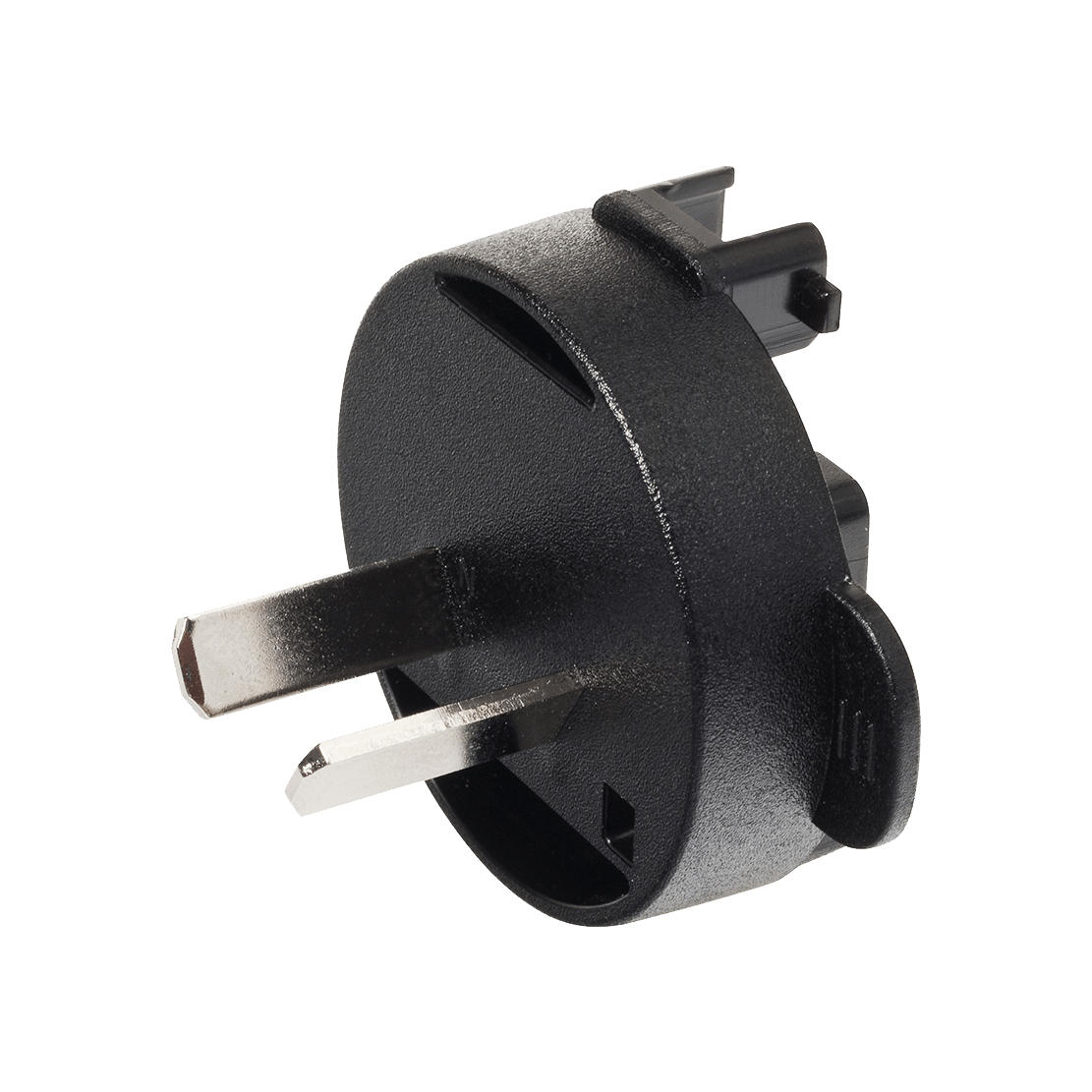 A close up of a black plug on a white background