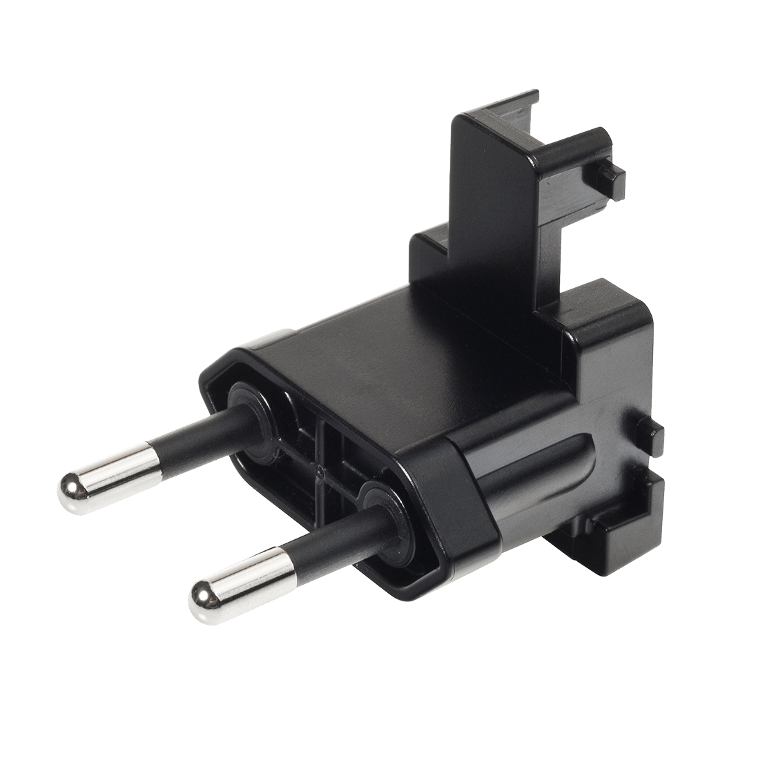 A close up of a black plug on a white background