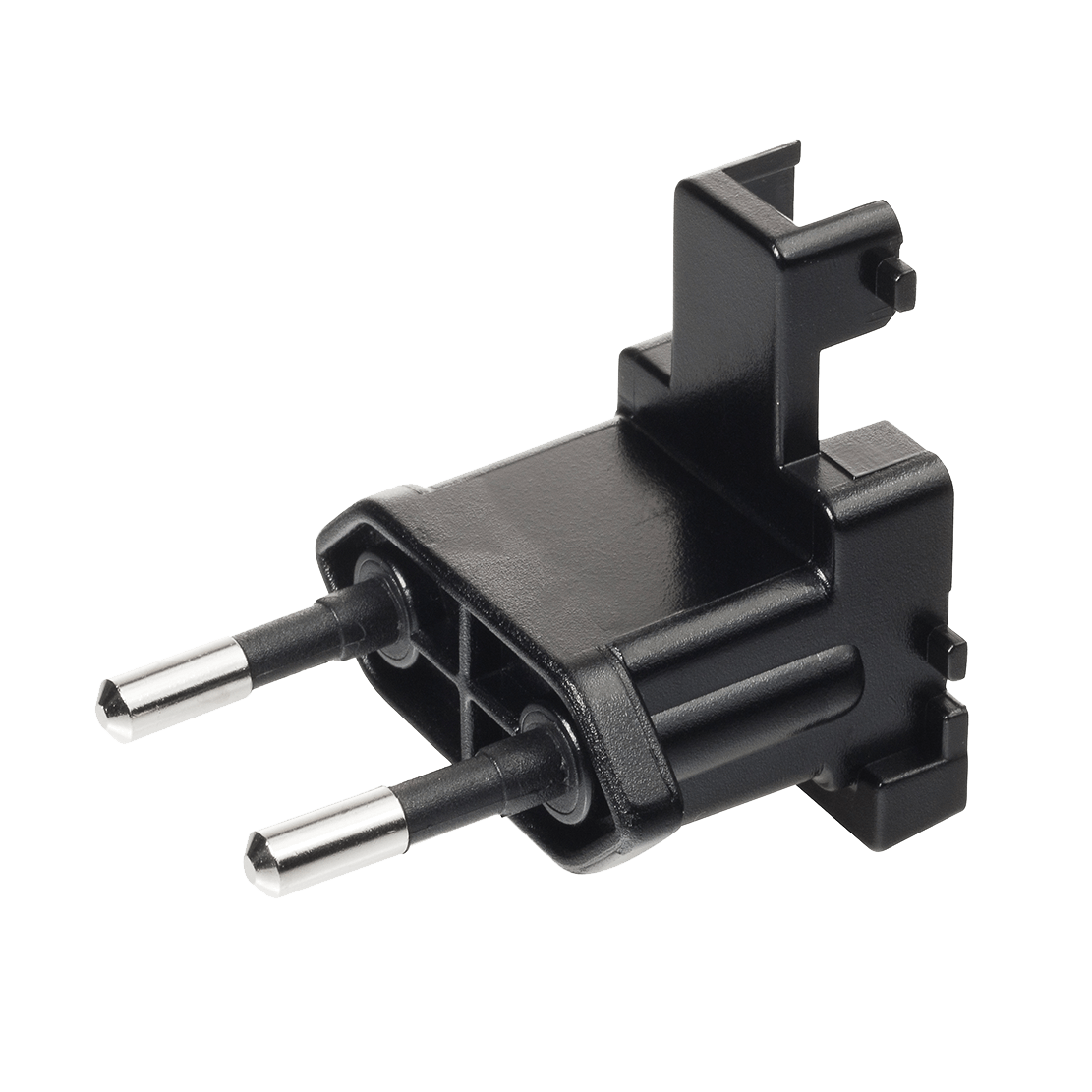 A close up of a black plug with two pins