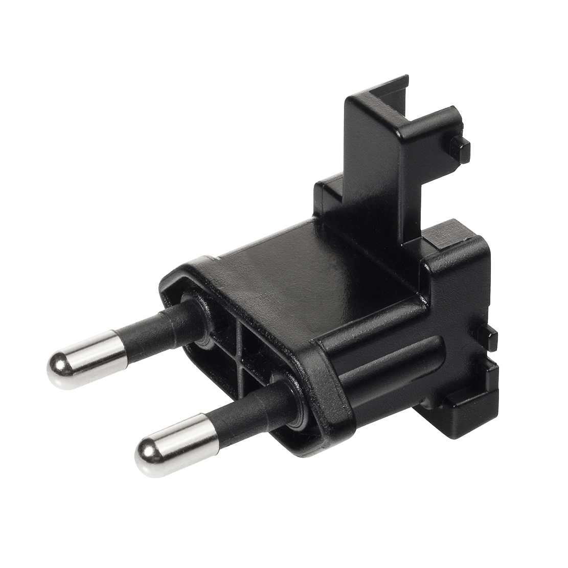 A black plug with two metal pins on a white background