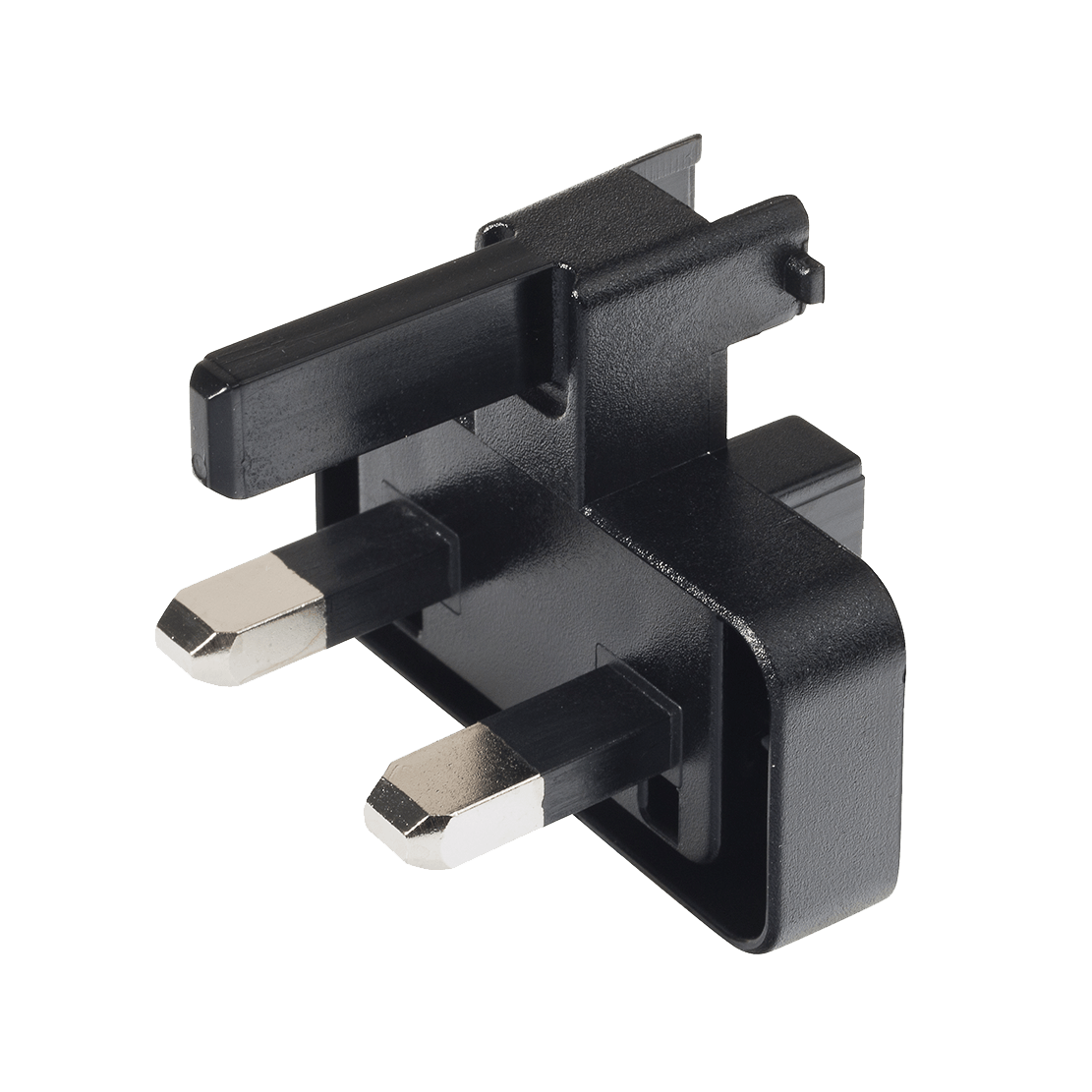 A close up of a black plug on a white background