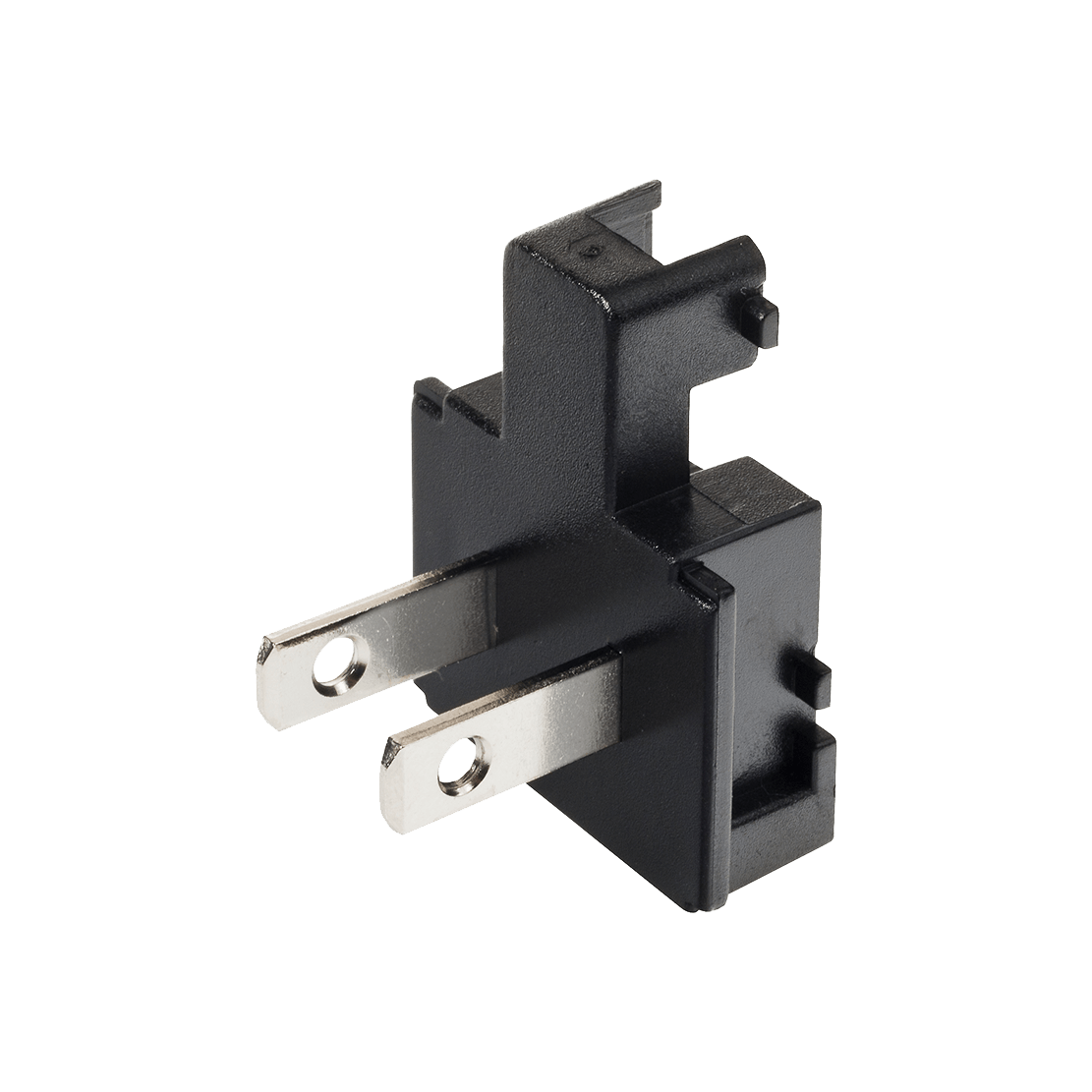 A close up of a black plug on a white background