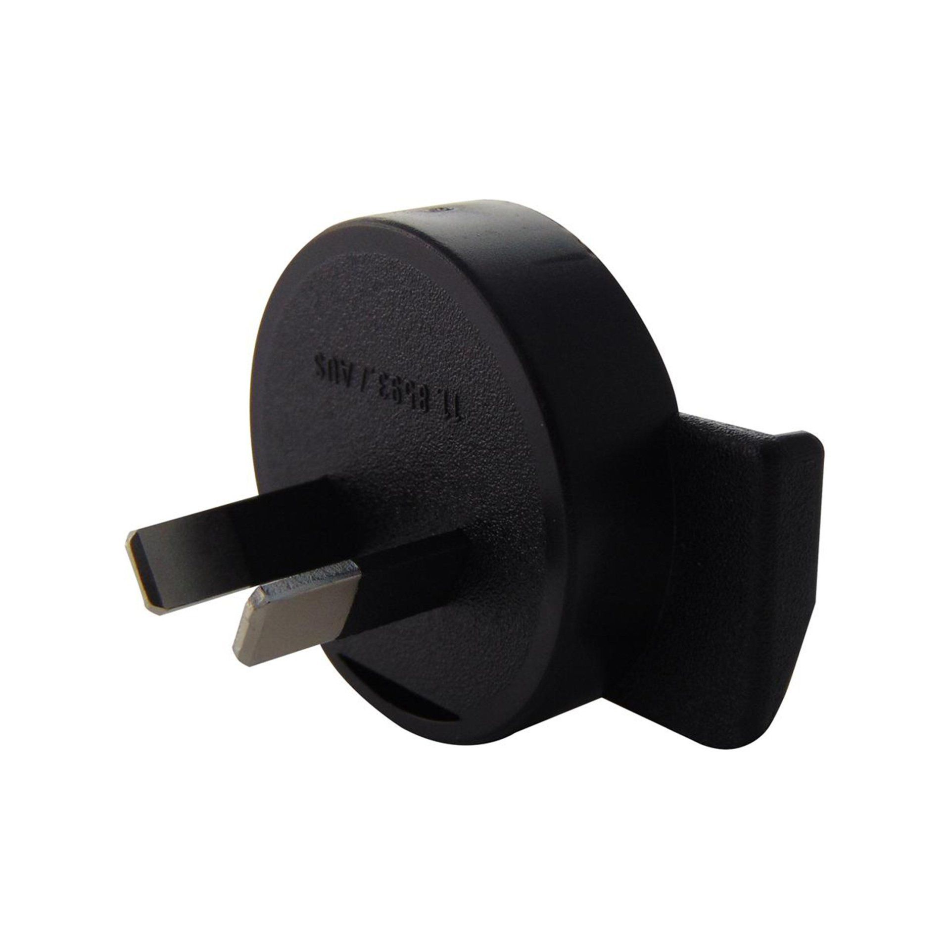 A close up of a black plug on a white background