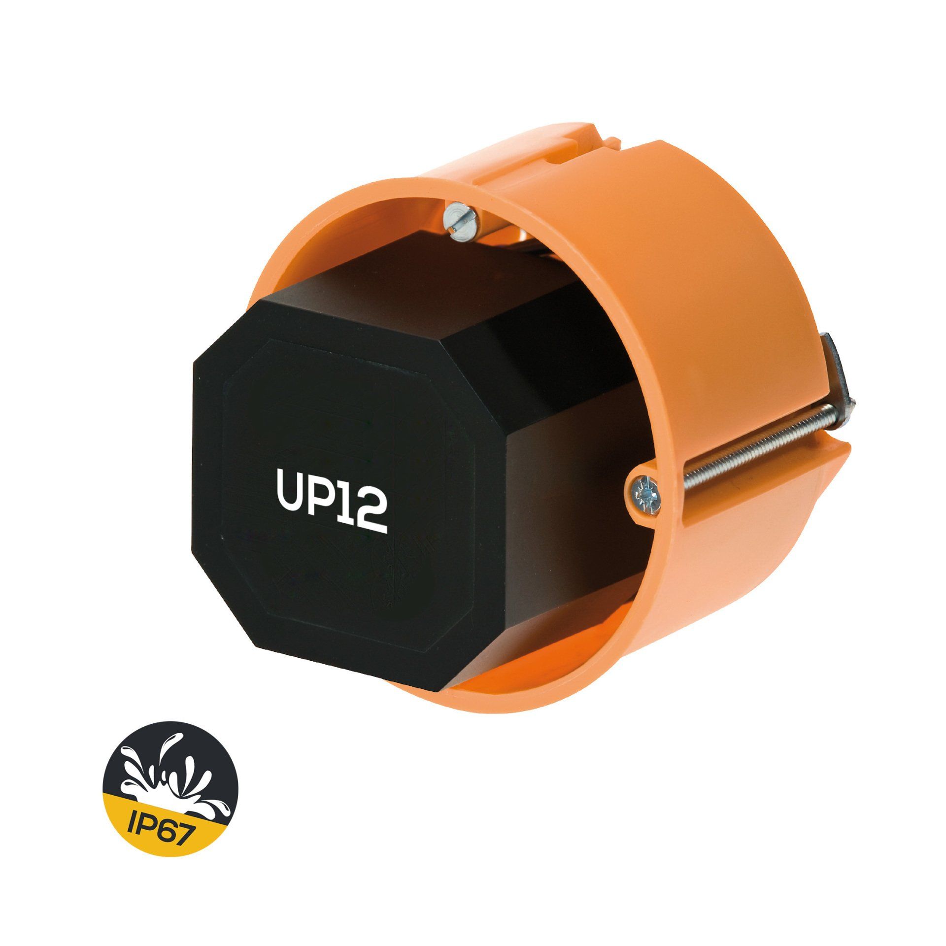 An orange box with a black in wall power supply inside of it