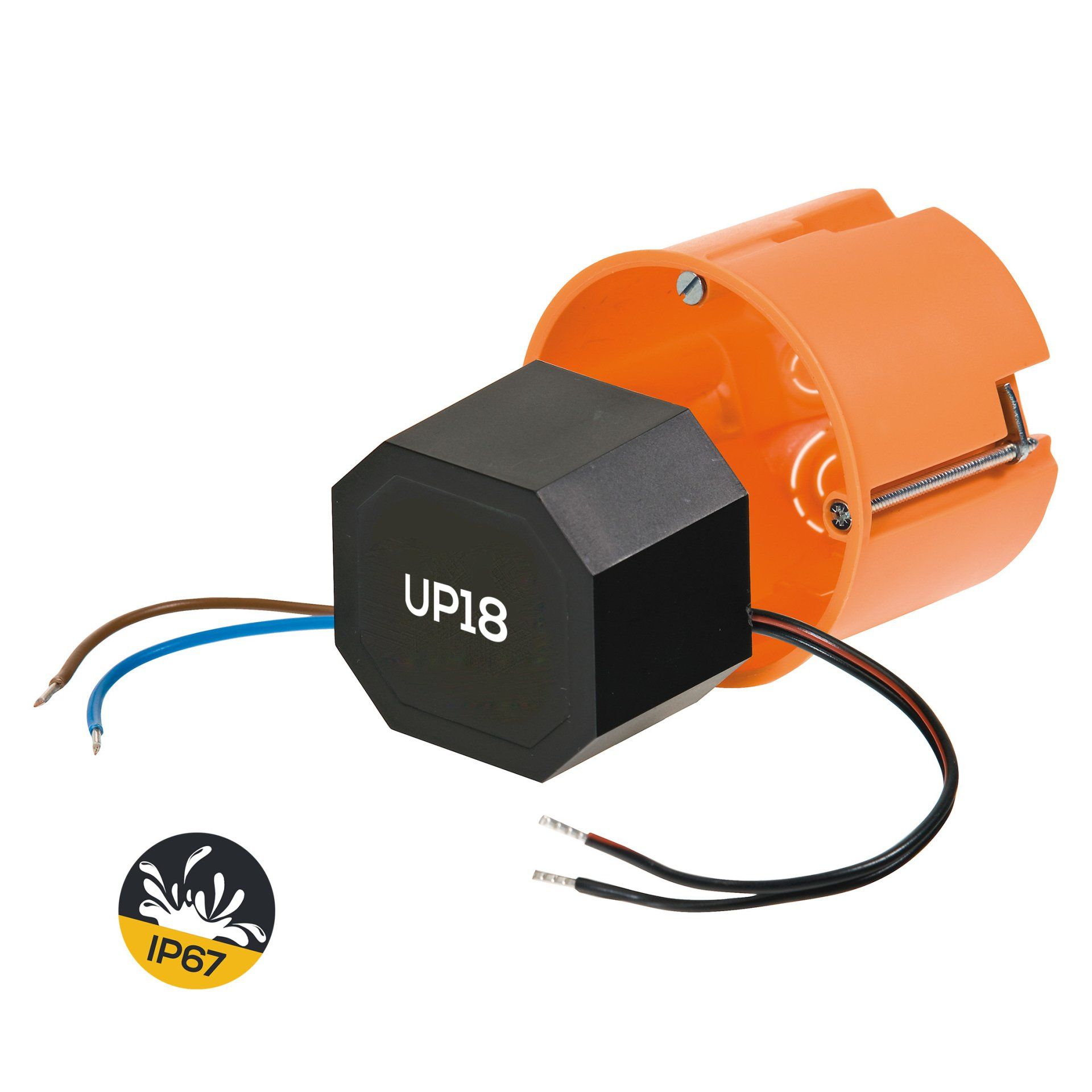 An orange box with a black in wall power supply inside of it