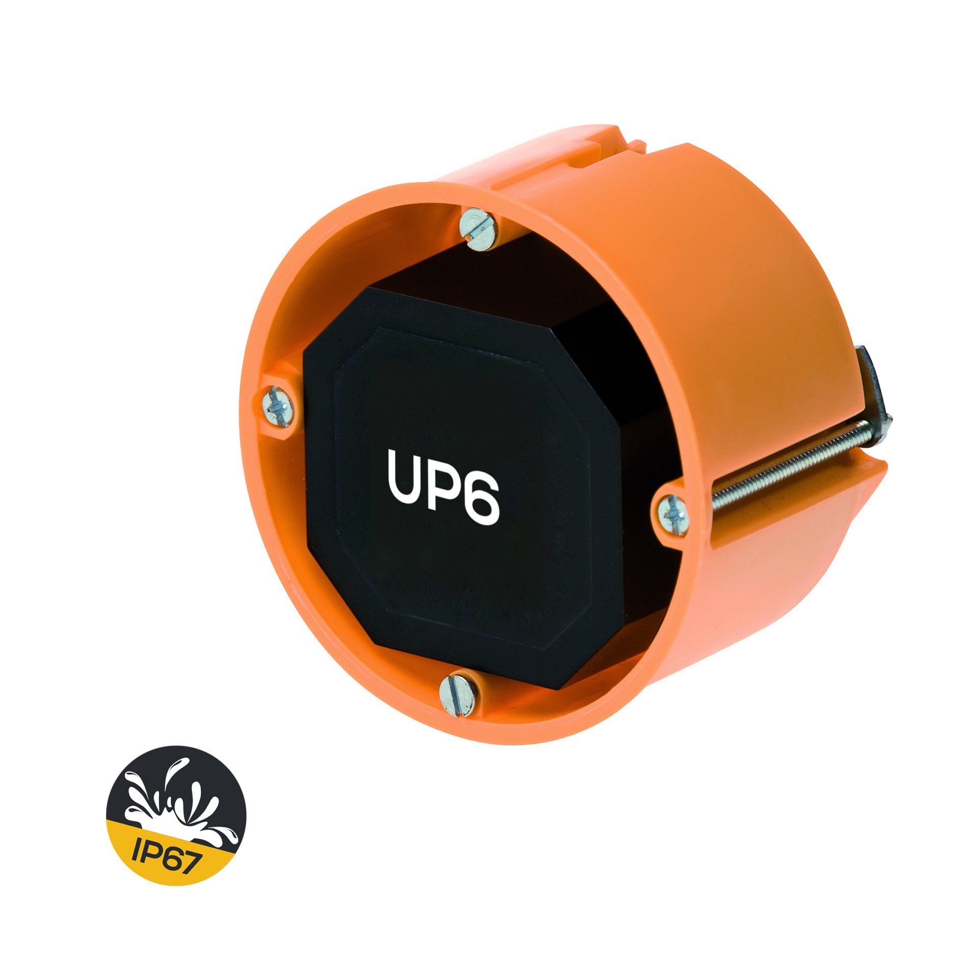 An orange box with a black in wall power supply inside of it