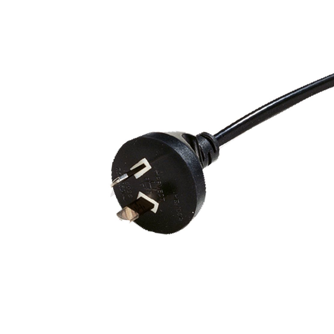 A close up of a black electrical plug on a white background.