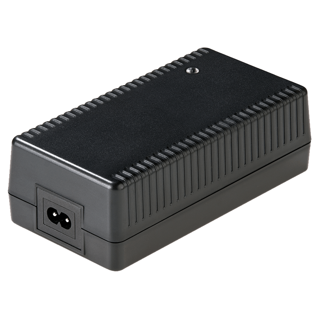 A black power supply with two outlets on the side