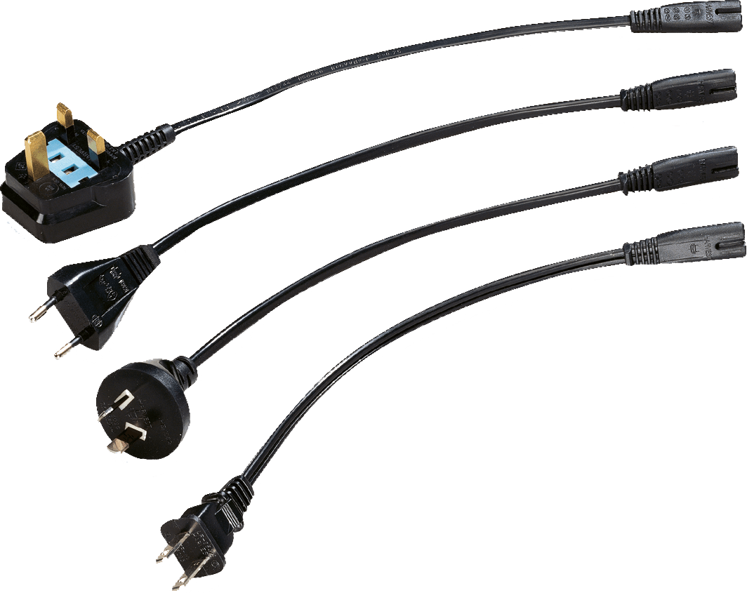 A bunch of different types of plugs and cables on a white background