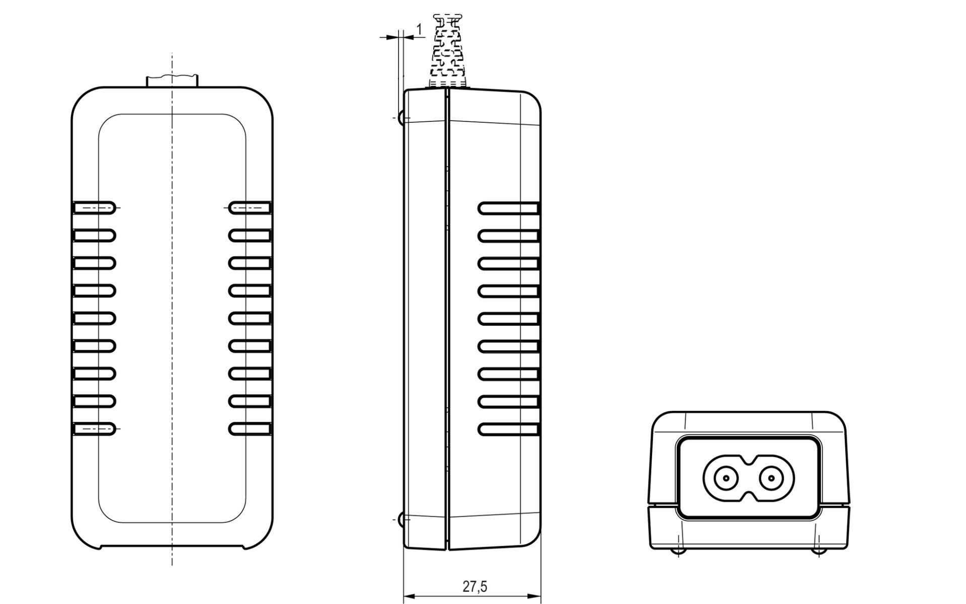 A black and white drawing of a power supply with measurements on a white background.