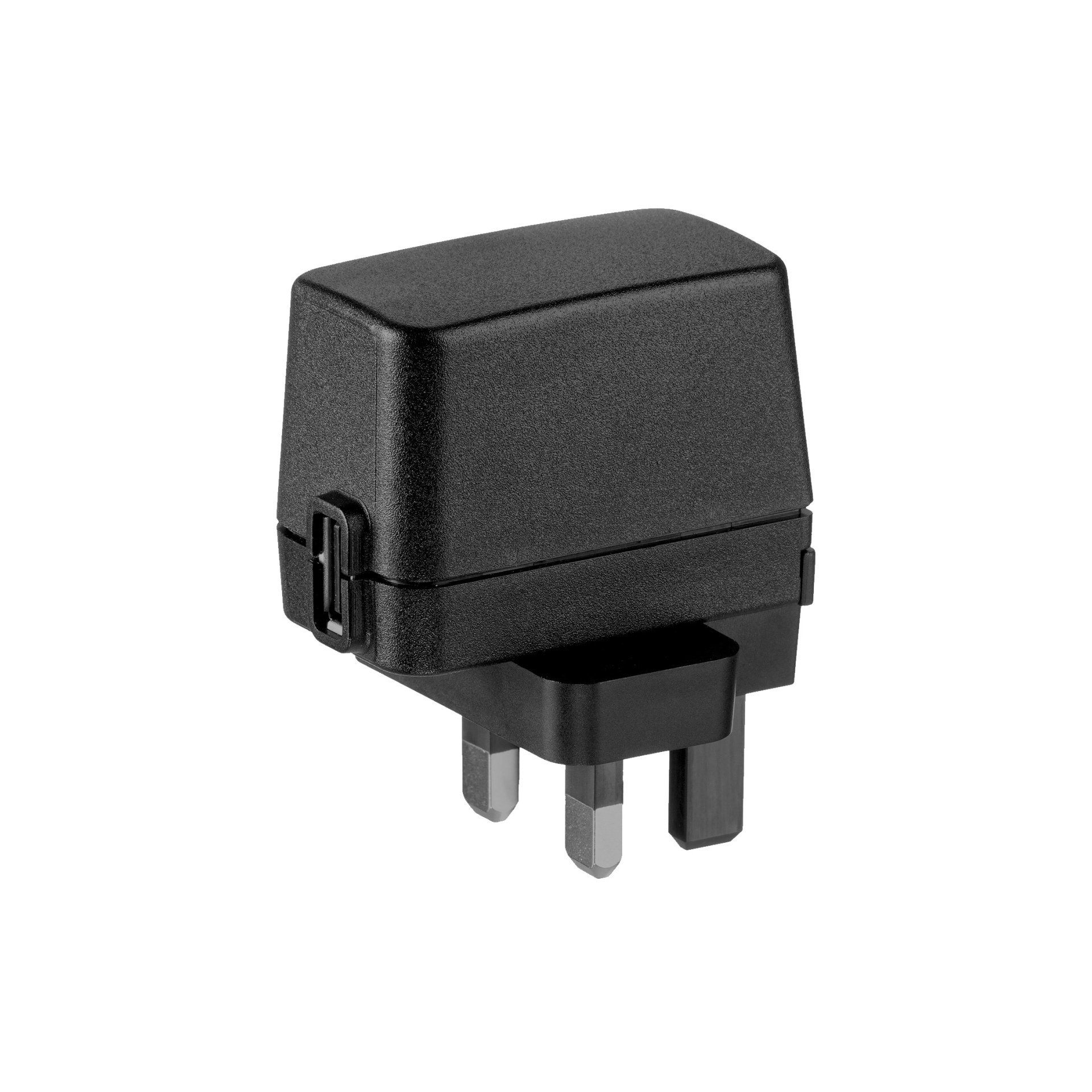 A black power supply with three pins on a white background