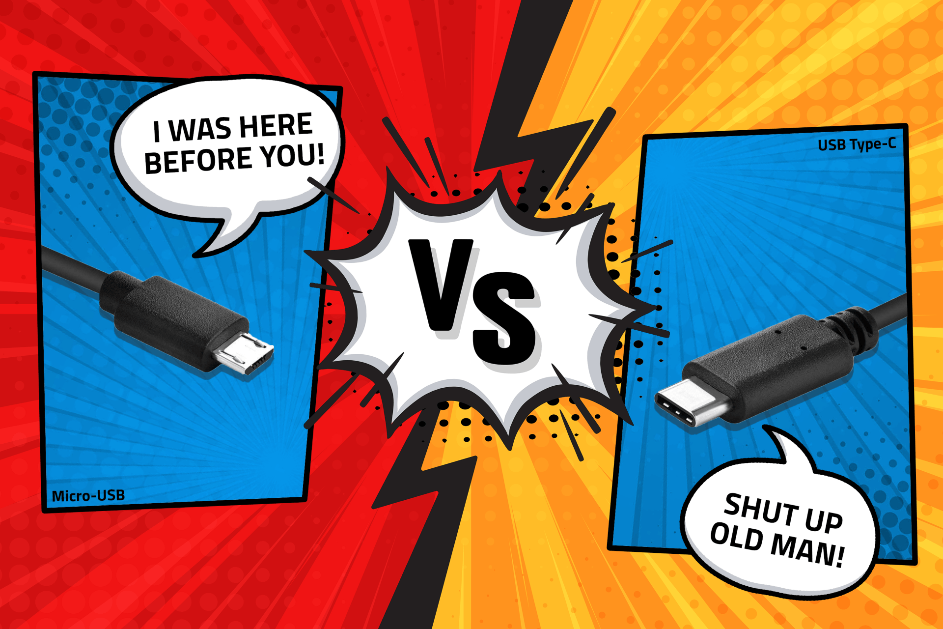 Micro USB Vs USB-C Comic Battle - Visual Created by Haredata Electronics