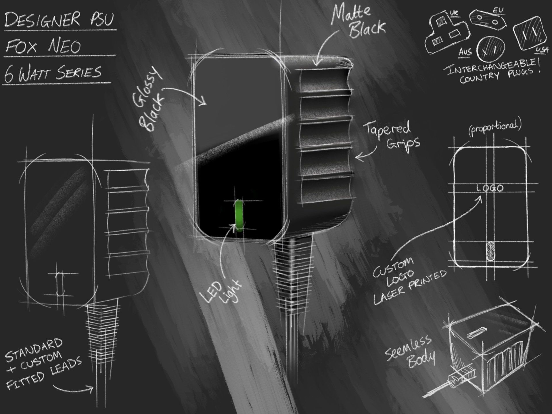 FRIWO FOX NEO A black and white drawing of a device that says ' matte black ' on it