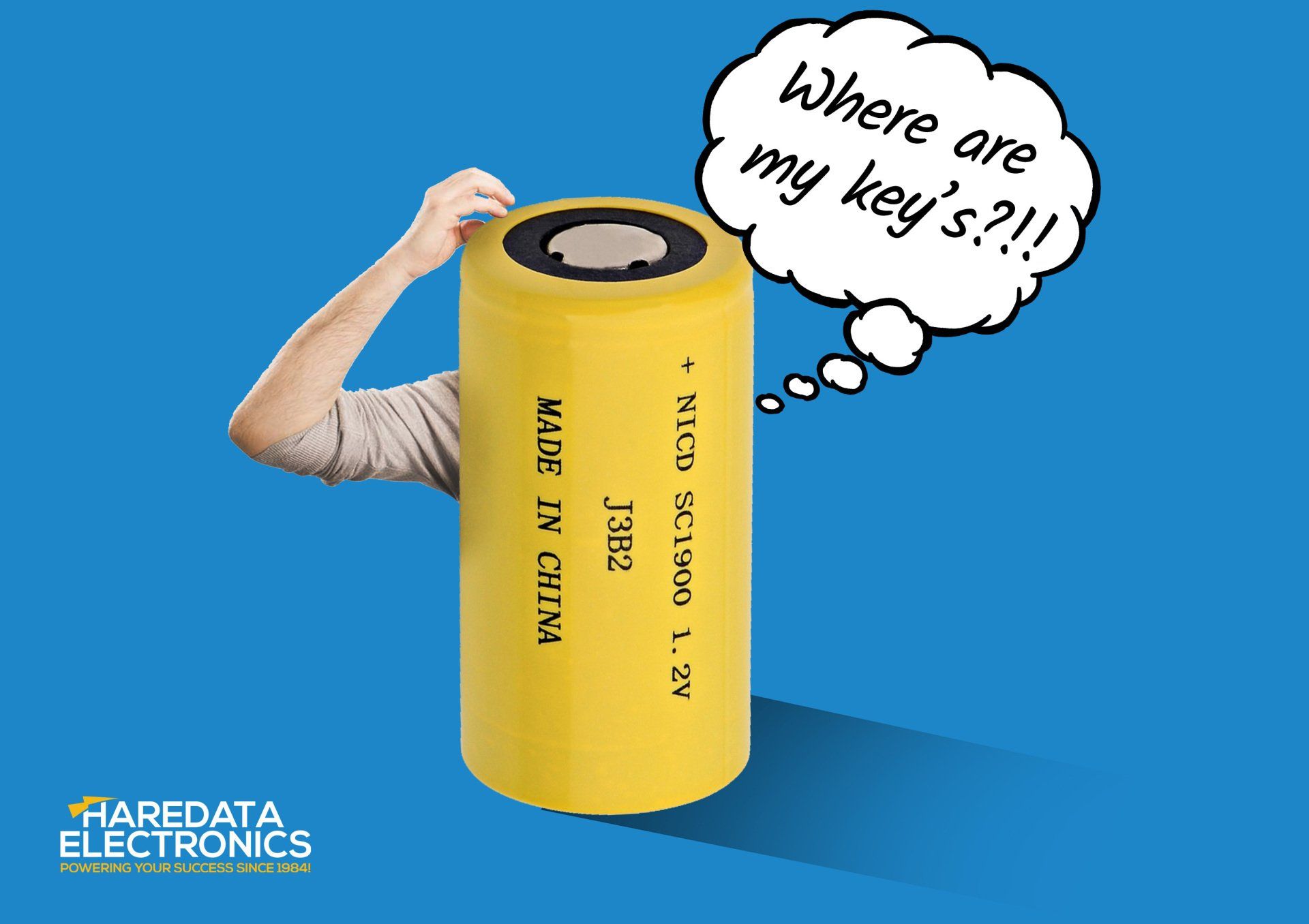 A yellow battery with a thought bubble that says where are my key 's